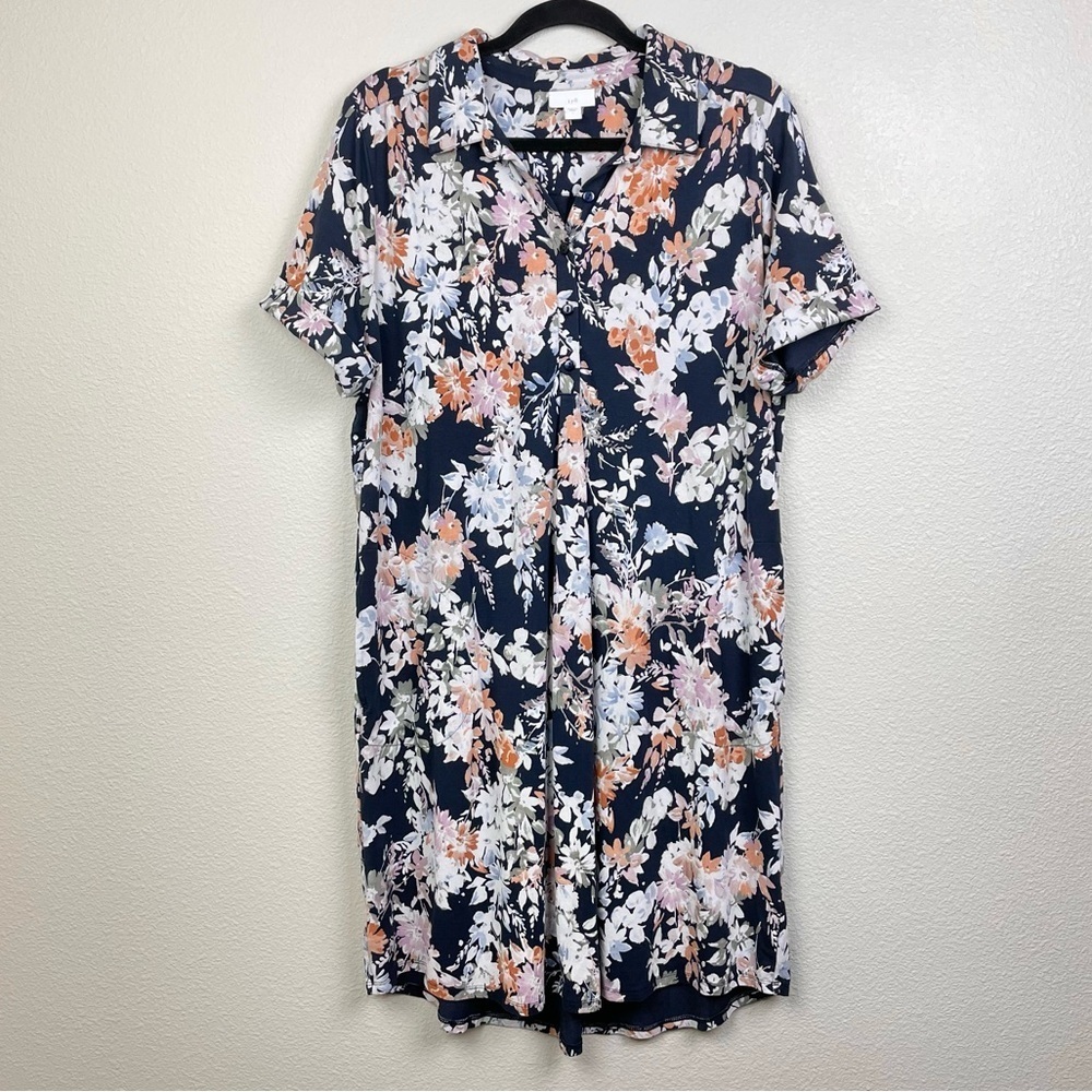 J.Jill Women's Large Navy Floral Pima Cotton Modal Collared Shirt Dress Pullover